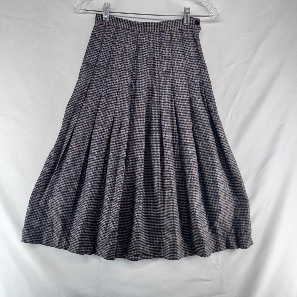 Vintage Pleated Midi Skirt Women Petite 2 Navy Brown Houndstooth Dark Academia